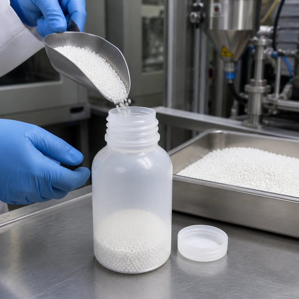 Genomskinlig 100 ml-flaska med vid hals av HDPE-plast med synlig fyllnadsnivå för laboratorieprover