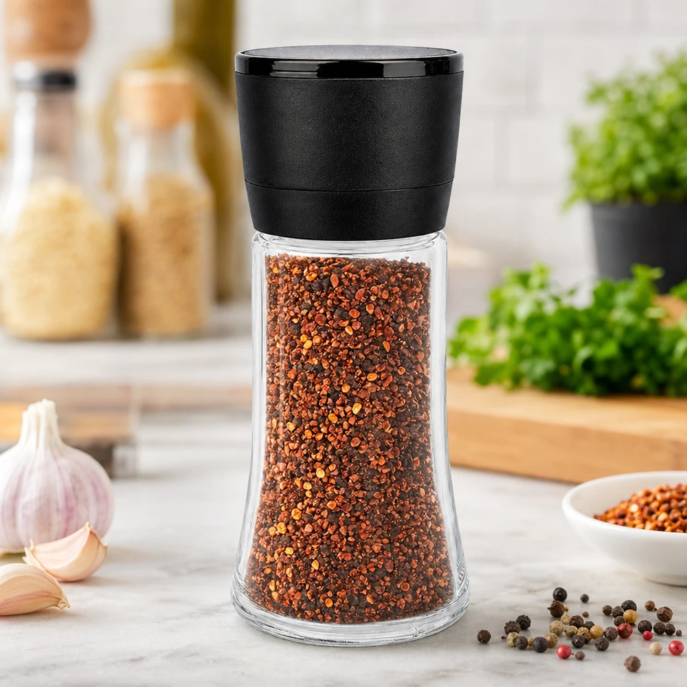 Salt- och kryddburk 95 ml med kvarn, Vario svart Schwarze Mühle Vario i en genomskinlig glasburk på 95 ml fylld med röda chiliflingor i en köksmiljö