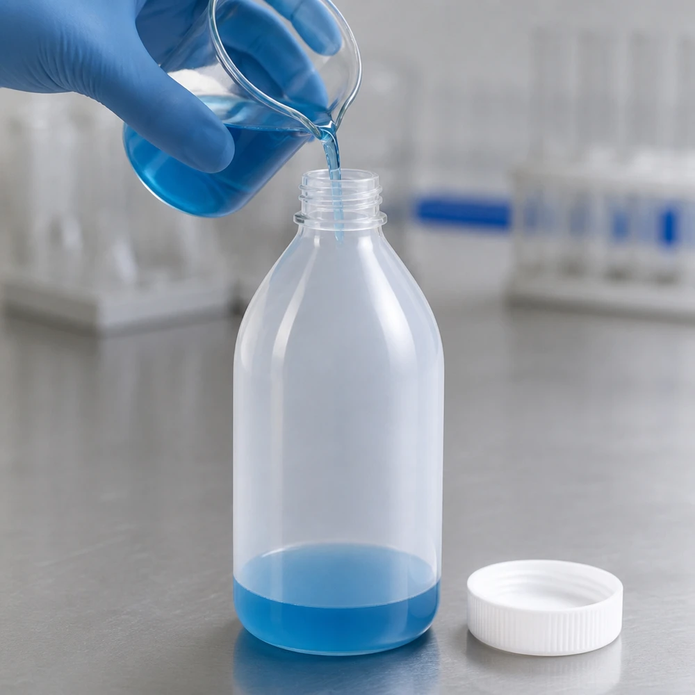 Laboratorieteknikern häller blå vätska från ett bägarglas i en 500 ml laboratorieflaska med smal hals, medan han bär blå handskar