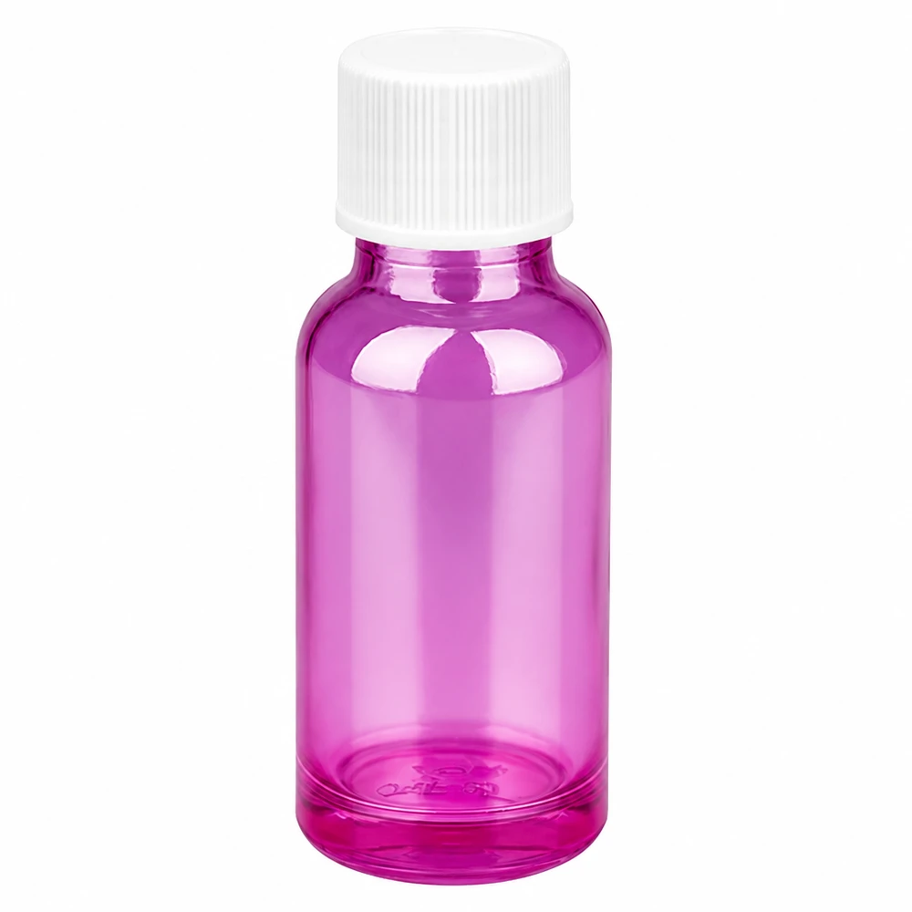 20 ml violett glasflaska med vitt skruvlock för eteriska oljor och kosmetika