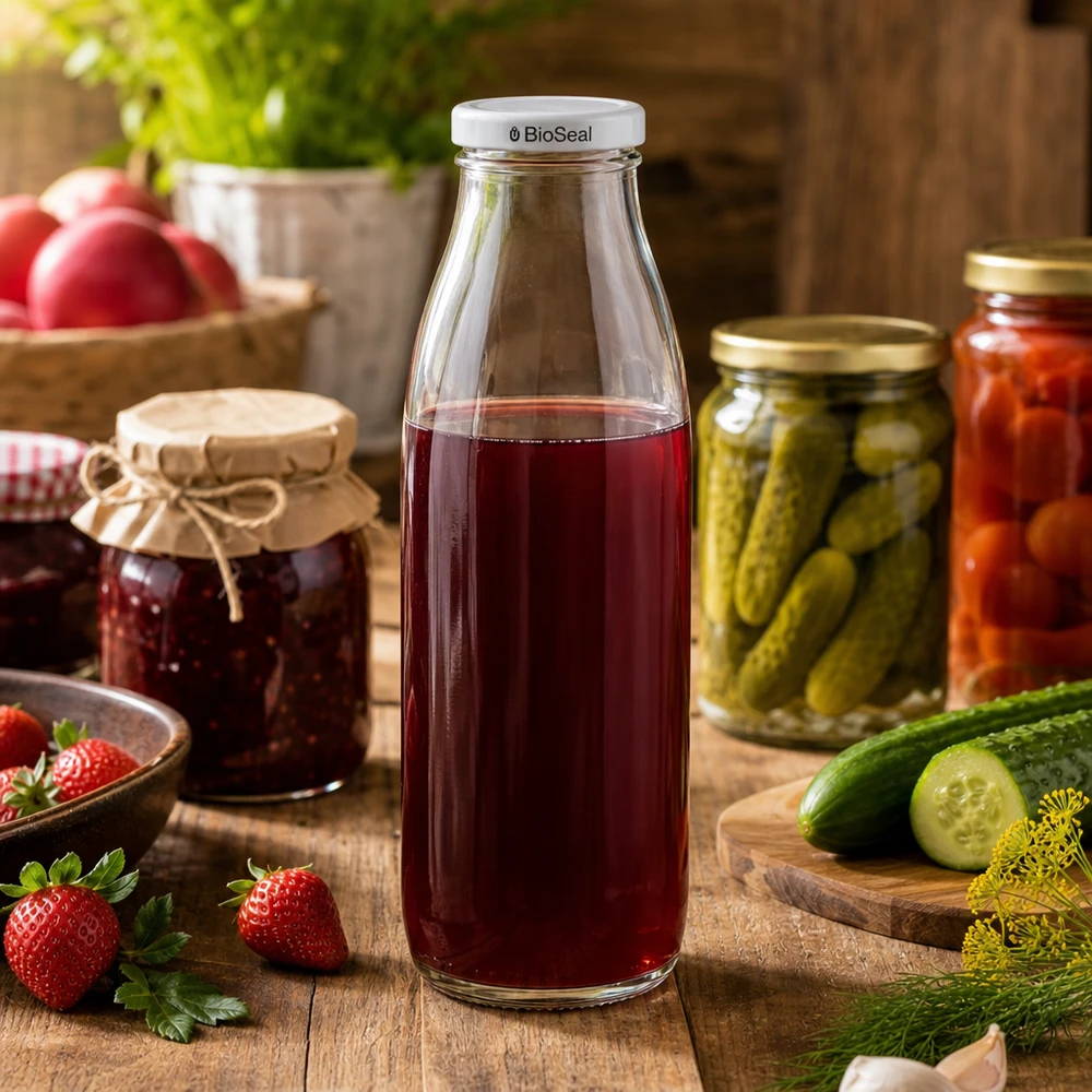 500 ml glasflaska + BioSeal-lock vit UNiTWIST 500 ml glasflaska fylld med röd juice, BioSeal-lock vitt, omgiven av konserveringsburkar och färska gurkor