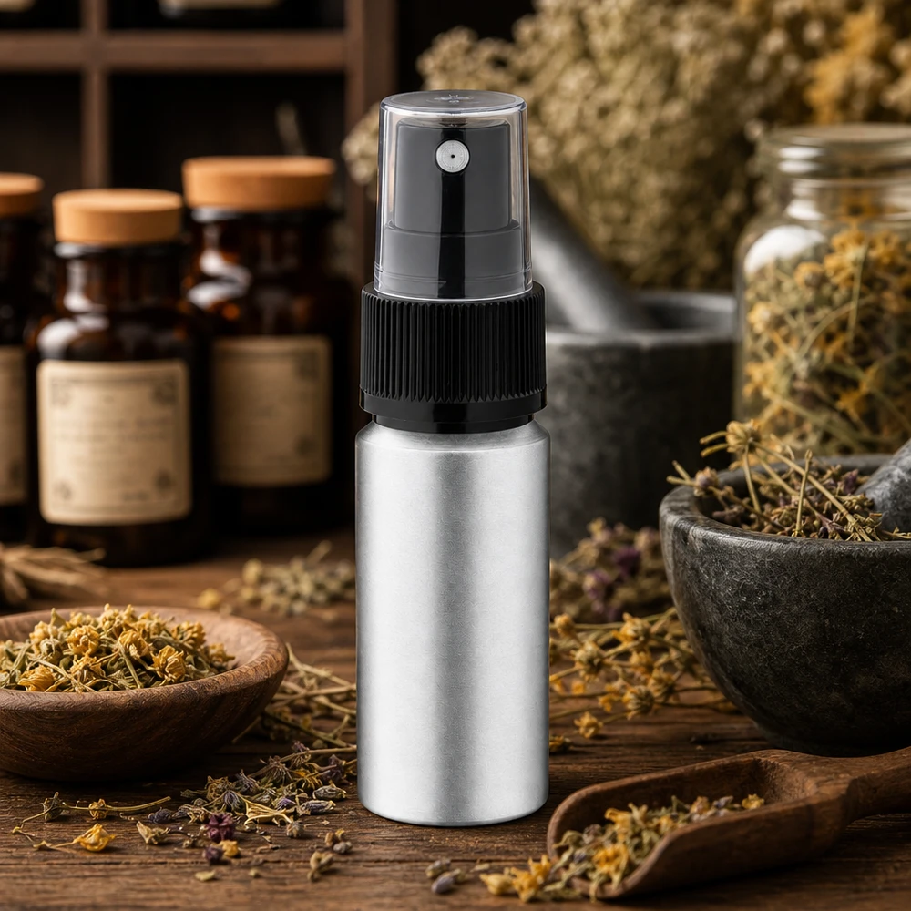 20ml flaska i betad aluminium med atomiserare Matt silverfärgad 20 ml aluminiumflaska med genomskinligt sprayfäste för naturliga växtbaserade essenser