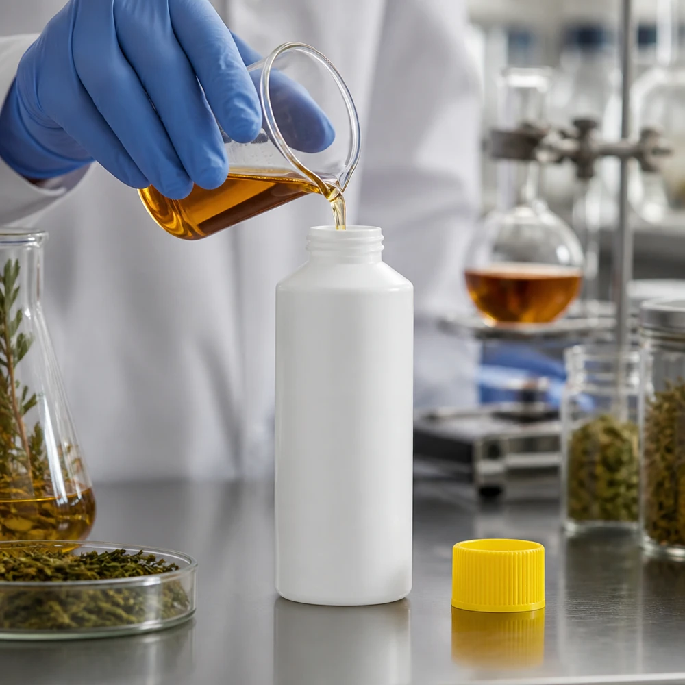 Apoteksflaska HDPE 100ml vit, med gult skruvlock Vit HDPE-apotekflaska på 100 ml med gult säkerhetslock vid påfyllning i laboratoriet