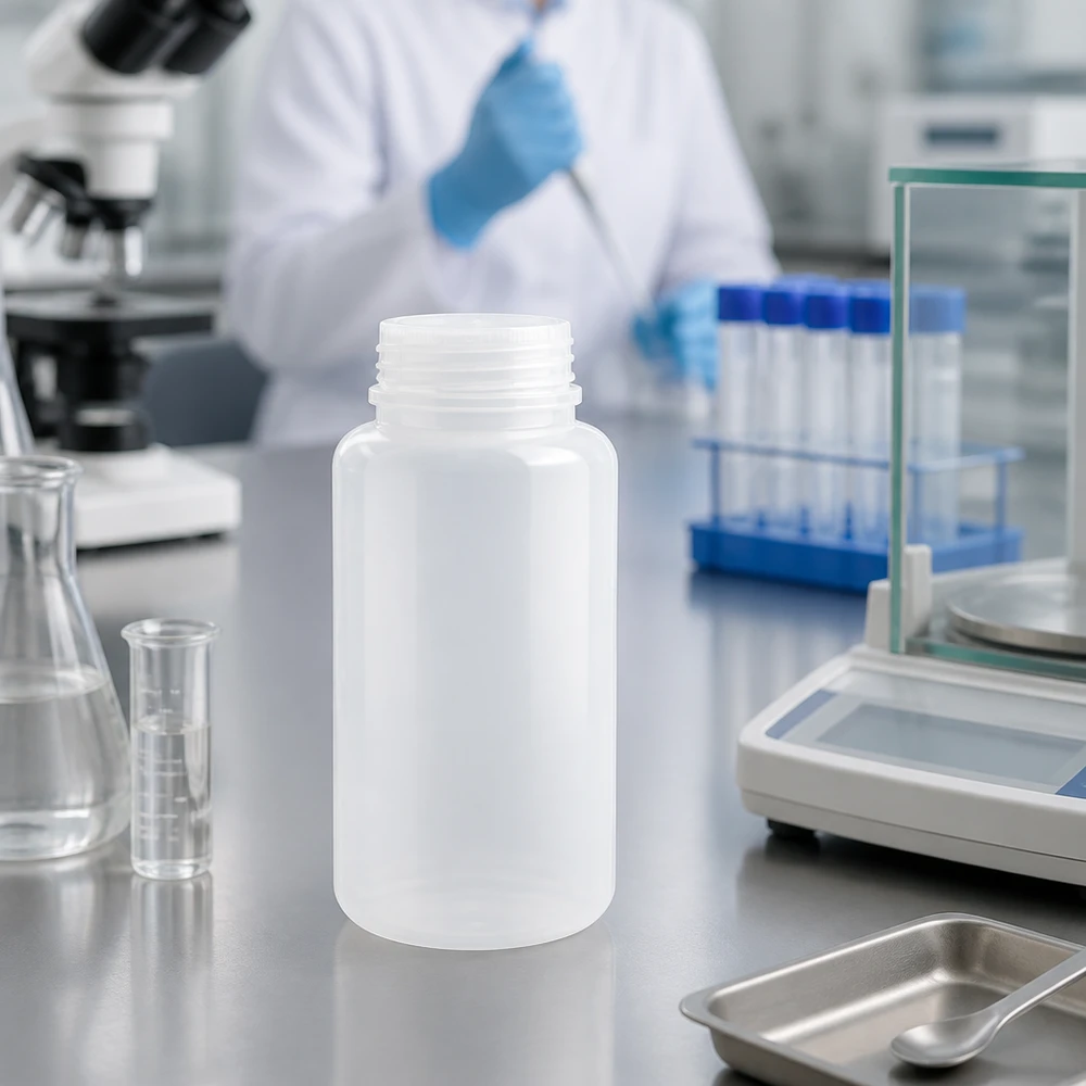 En mjölkvit 1000 ml laboratorieflaska med vid hals utan lock framför ett mikroskop och en laboratorievåg