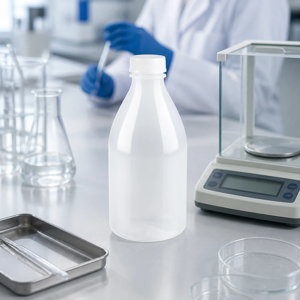 100ml laboratorieflaska med smal hals utan lock En liten 100 ml laboratorieflaska med smal hals, tillverkad av HDPE-plast, bredvid analysvågen i forskningslaboratoriet