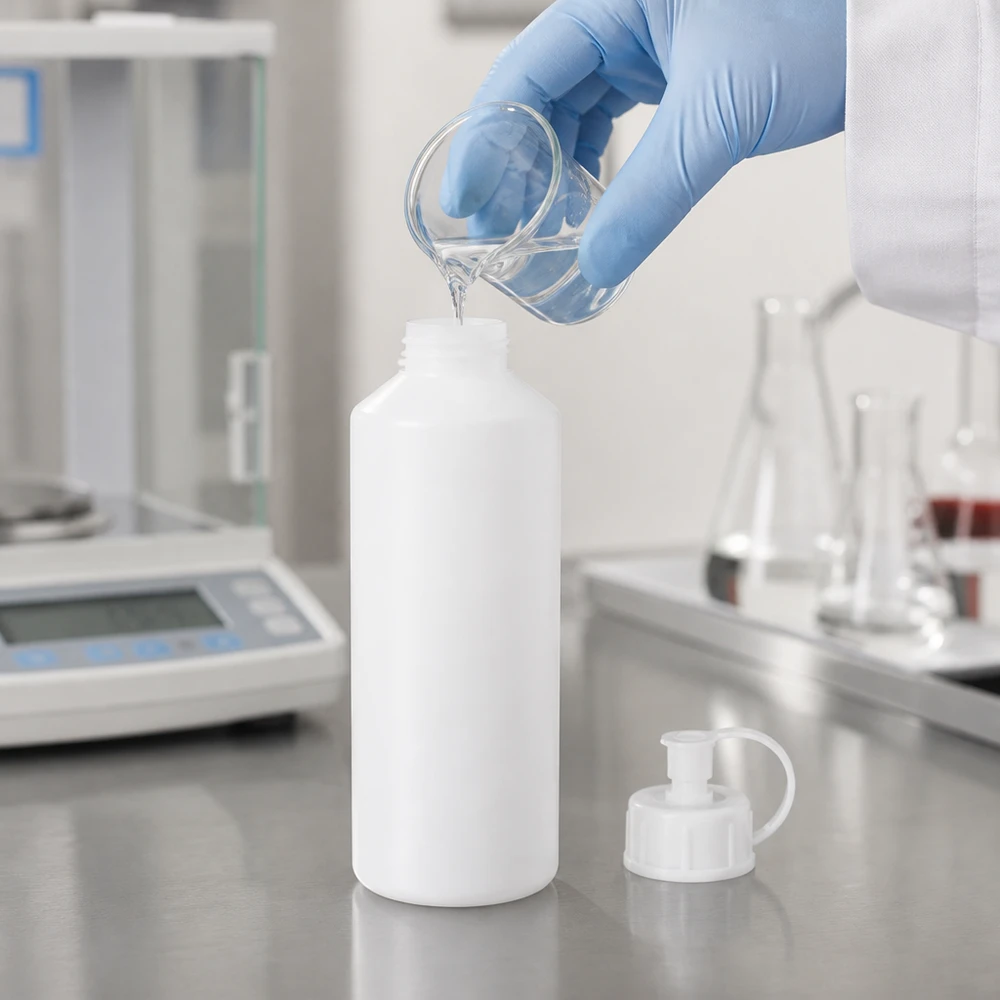 Apoteksflaska HDPE 100ml vit med spraylock Fyllning av en vit HDPE-apotekflaska på 100 ml med klar vätska från ett bägarglas
