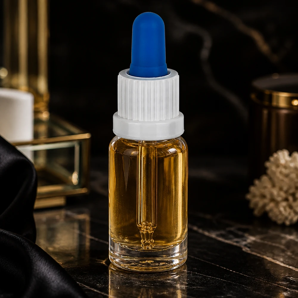 Elegant pipettflaska i klart glas (10 ml) med bärnstensfärgad olja på svart marmorbakgrund