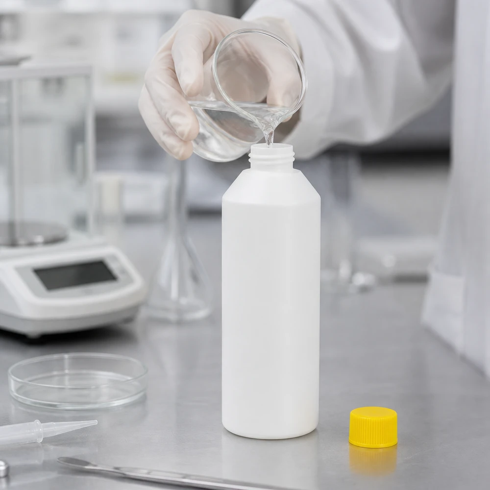 Apoteksflaska av HDPE, 250 ml, vit, fylls med vätska i laboratoriet