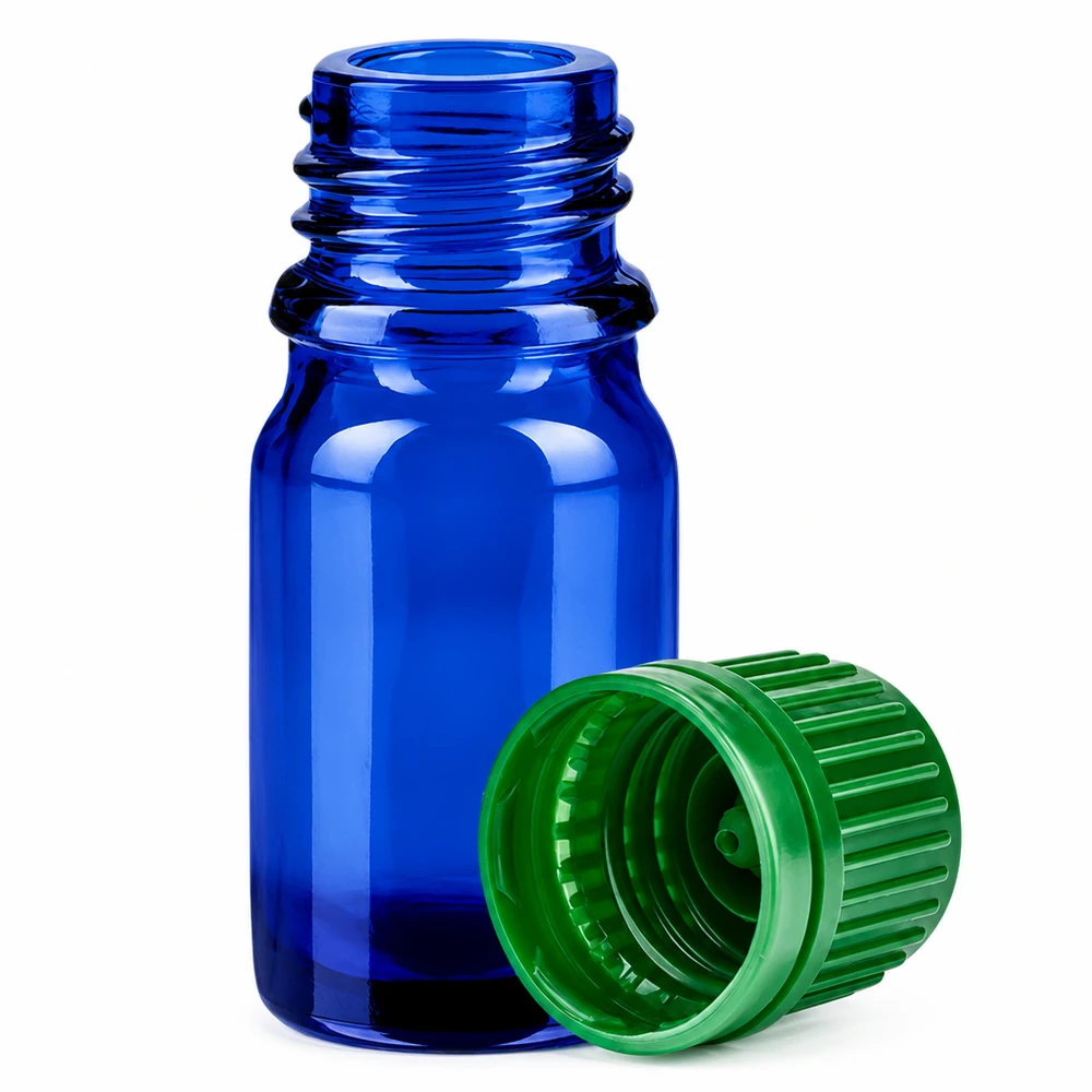 5 ml flaska 11mm skruvkork grönt säkerhetslock BlueLine UT18/5 Blå 5 ml aromaterapiflaska med grönt lock för doftande oljor och essenser