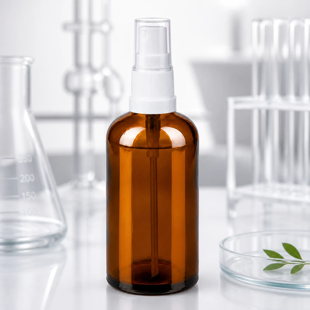 100ml Sprayflaska vit/transparent standardlock BrownLine UT18/100 BrownLine sprayflaska 100 ml med UT18-gänga för professionell kosmetikproduktion och laboratorieapplikationer