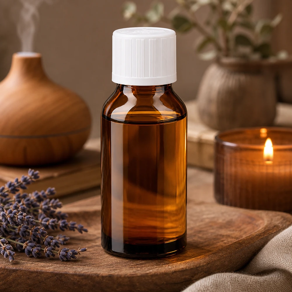 Apoteksflaska brun 15ml med skruvkork vit Barnsäker standard Aromaterapi, brun glasflaska 15 ml med vitt barnsäkert lock bredvid ett ljus och lavendel