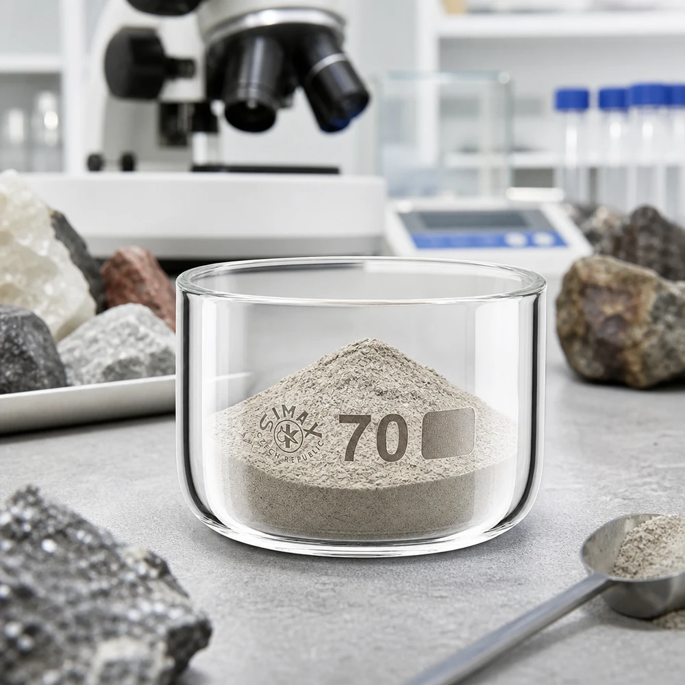 100ml kristalliseringsskål utan pip borosilikat ø70mm Simax-kristalliseringsskål, 70 mm, med grått mineralpulver på laboratoriebordet bredvid bergartsprover och mikroskop