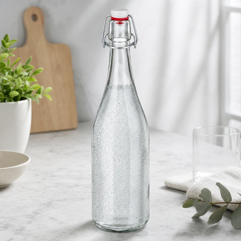 750ml glasflaska + svängbar topp PVC UNiTWIST 750 ml glasflaska med svängbar topp fylld med kolsyrat vatten Köksinredning marmorbänkskiva modern