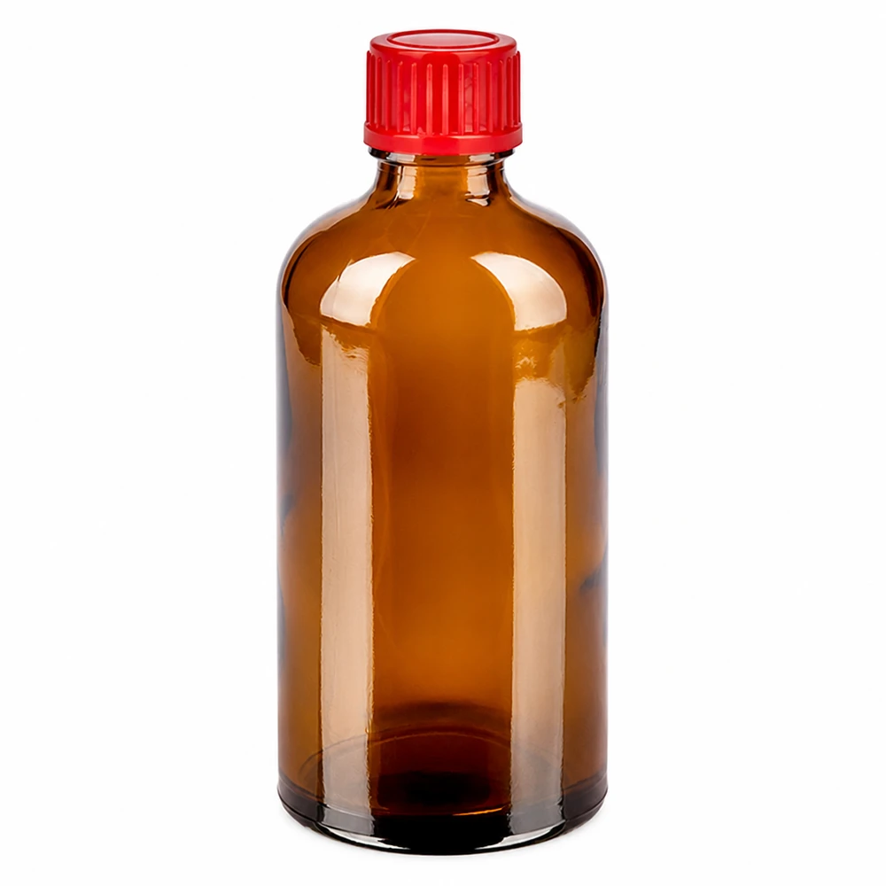 100 ml bärnstensfärgad glasflaska med rött skruvlock för läkemedel och kemikalier