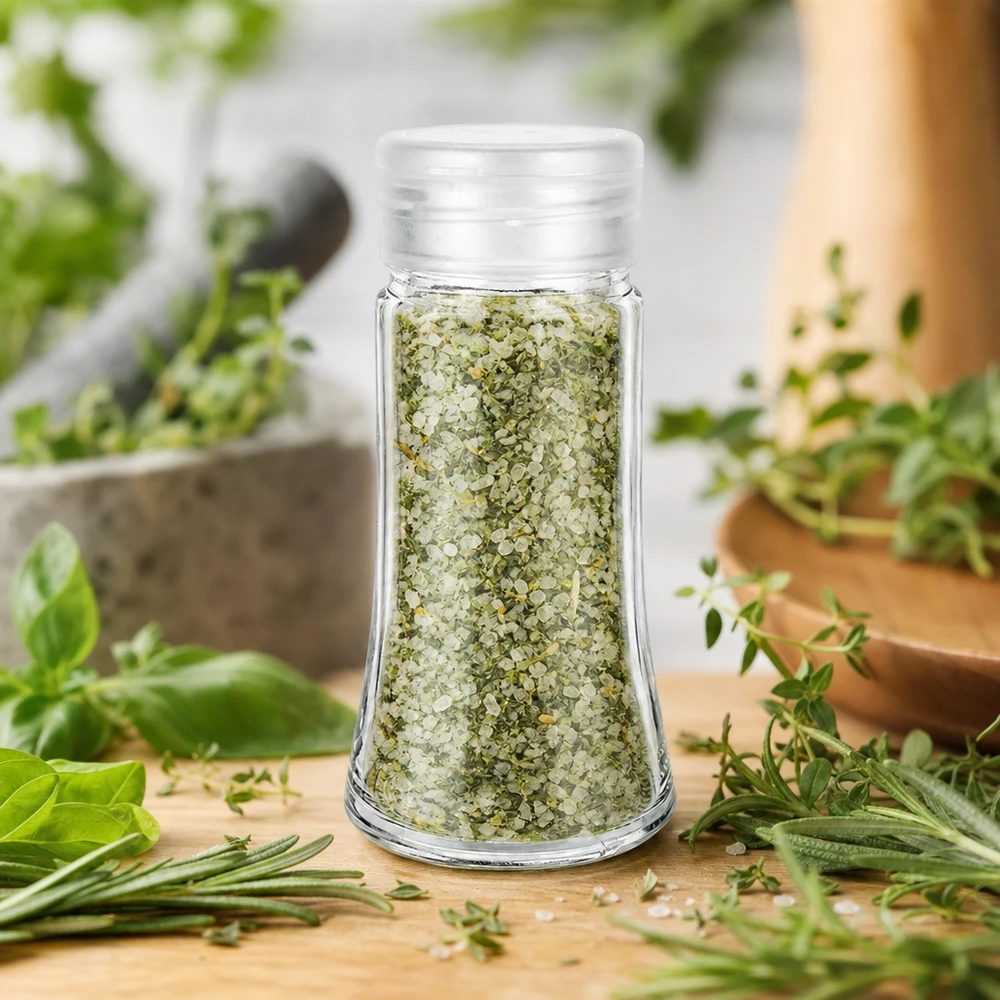 Salt- och kryddburk 95 ml med ströare, vit Ört- och saltsats i genomskinlig saltburk, 95 ml, med vitt strölock omgivet av färska örter
