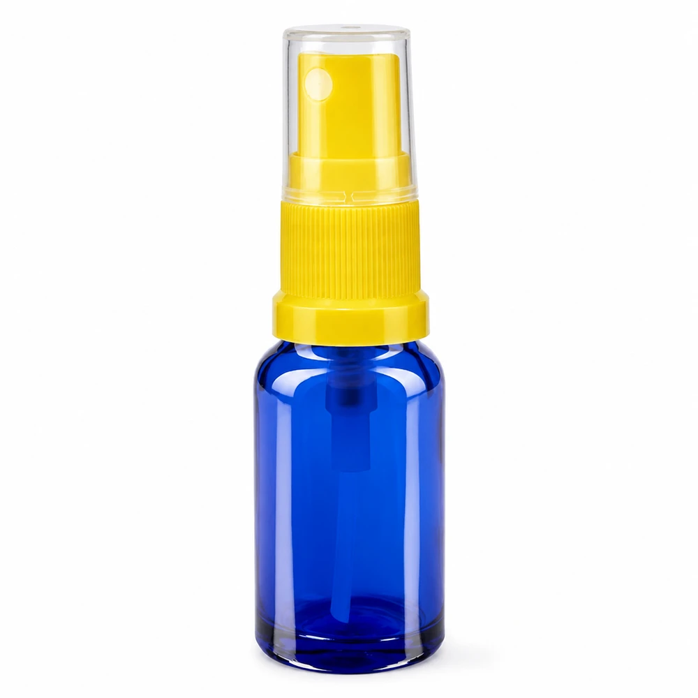 Apoteksflaska blå 10ml spraylock gul 10 ml blå glasflaska med sprayhuvud, gul pump och genomskinligt skyddslock, ApoGlas STD