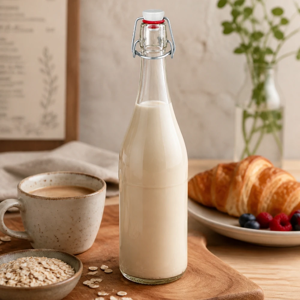 750ml glasflaska + svängbar topp PVC UNiTWIST 750 ml glasflaska med svängbar topp fylld med mjölk Köksscen frukost croissant havreflingor naturlig