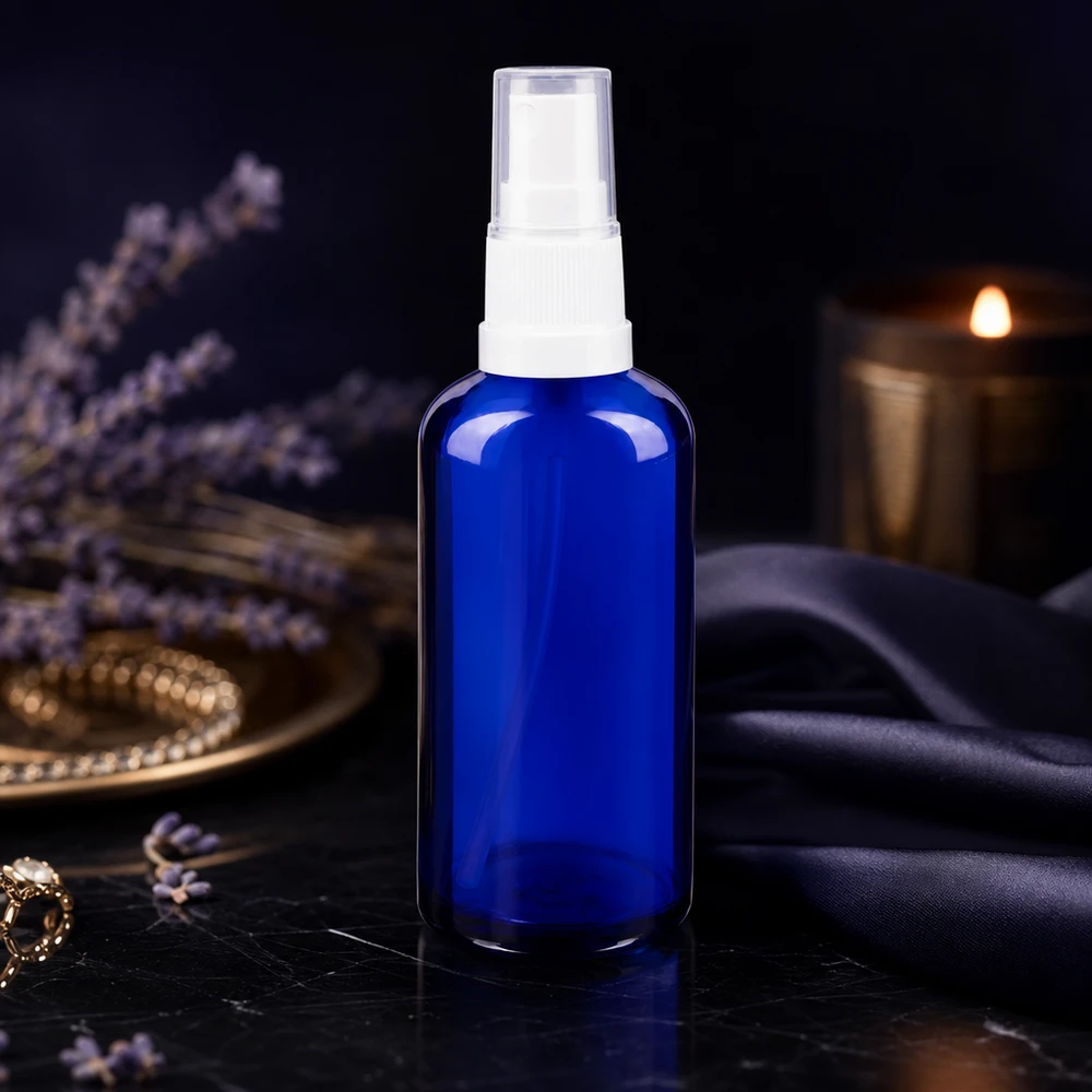 Apoteksflaska blå 50ml spray topp vit 50 ml apotekssprayflaska i koboltblått med vit pumpförspridare och lavendelmotiv