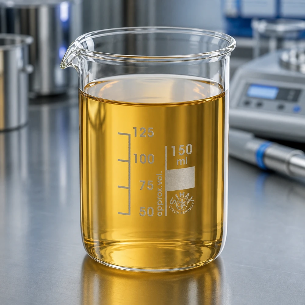 Kemibägare 150 ml lågformad med bärnstensfärgad lösning på laboratoriearbetsstation