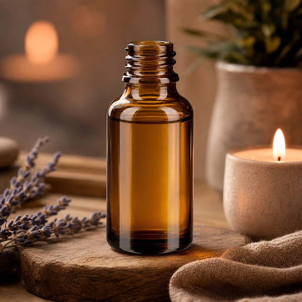 Droppflaska 30 ml DIN 18 bärnstensfärgat glas LOW SHAPE 30 ml brun ApoGlas-flaska för eteriska oljor med lavendel aromaterapiset och brinnande ljus