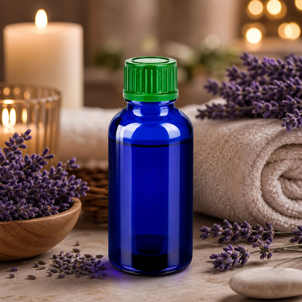 30 ml BlueLine-glasflaska med grönt standardlock för aromaterapi och kosmetika