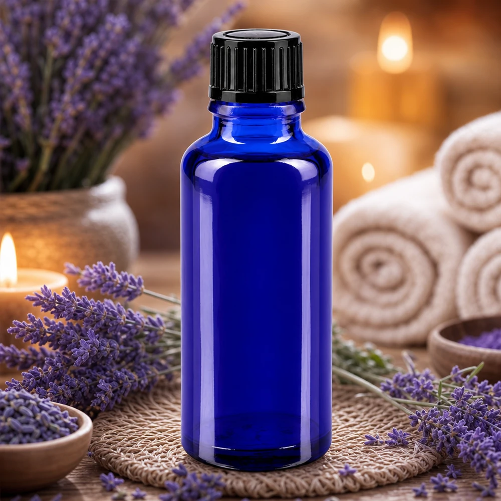 Apoteksflaska blå 30ml skruvlock svart standard Blå glasflaska på 30 ml med svart lock, omgiven av lavendelblommor och ljus