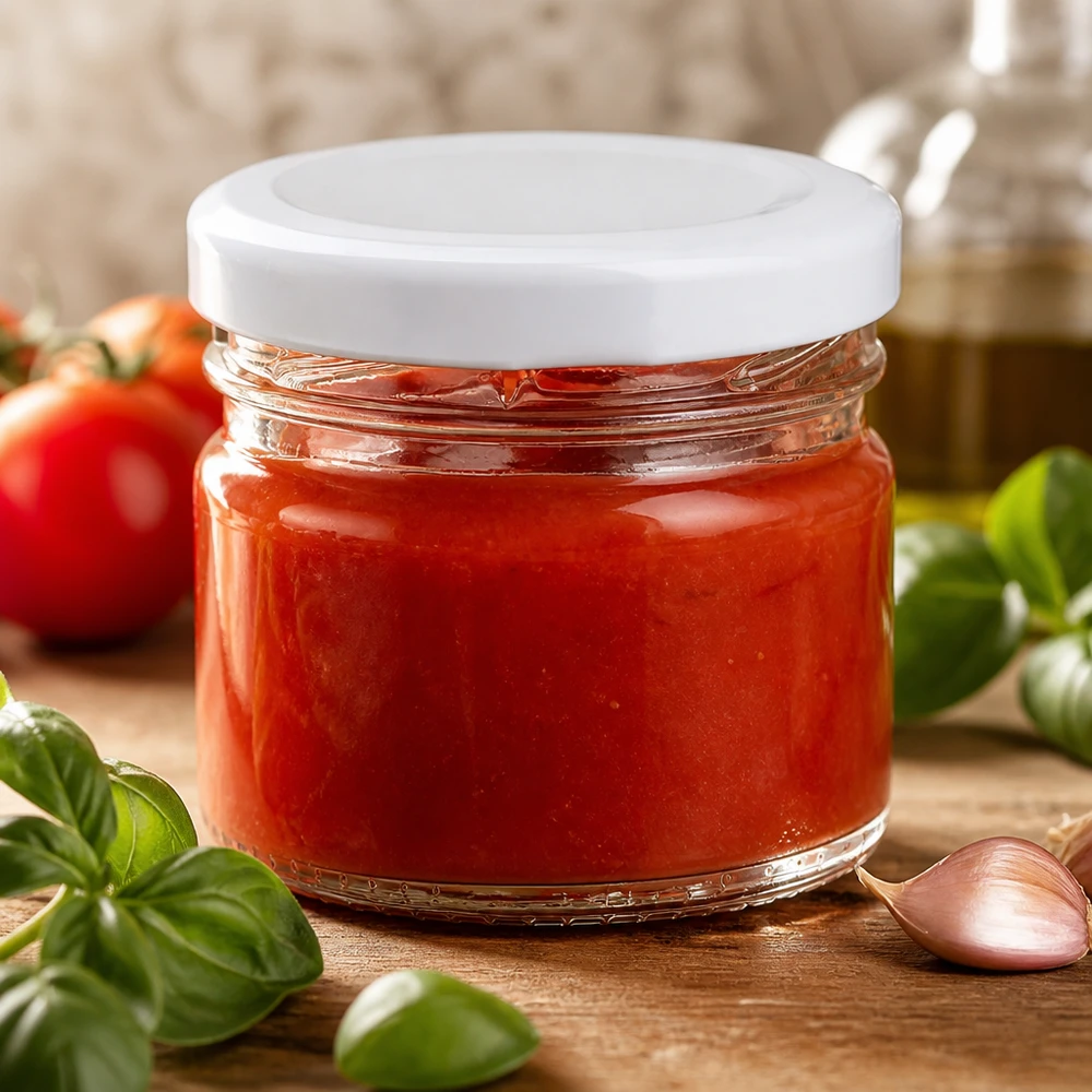 33 ml rund glasburk av typen UNiTWIST med vitt BasicSeal-lock, fylld med röd tomatsås på ett träbord