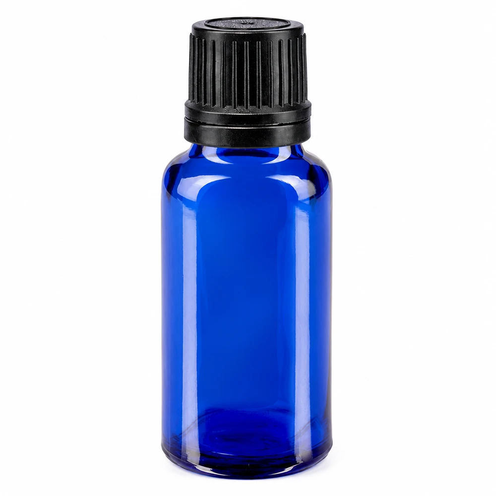 20 ml blå glasflaska med svart originalförslutning och 1 mm droppinsats av apoteksglas