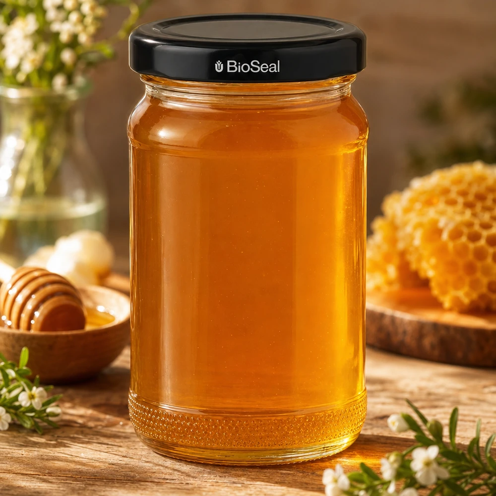 110ml rund burk + BioSeal-lock svart UNiTWIST UNiTWIST Runda110 honungsburk fylld med honung och svart TO48 BioSeal-lock på träbord med bikakor
