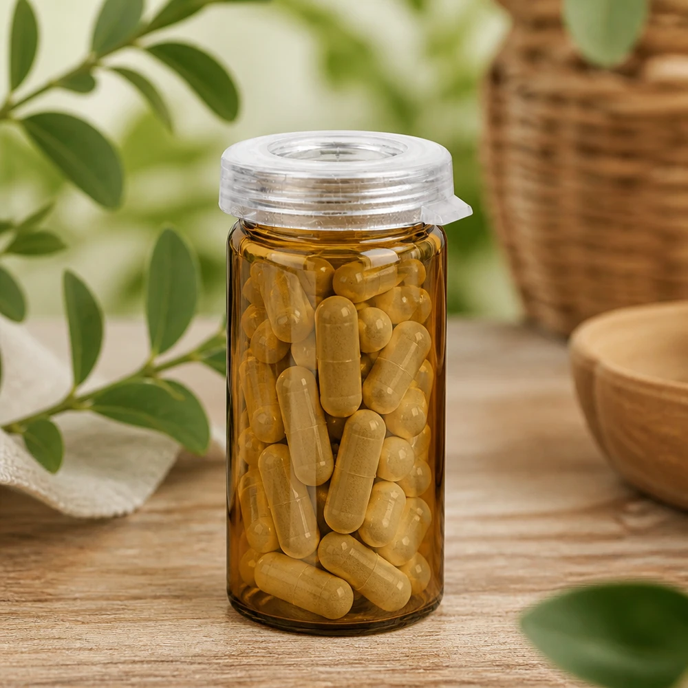 Bords-/rullburk 5ml klar med snäpplock Bärnstensfärgat tablettglas på 5 ml med guldgula kapslar på en träyta med naturmotiv