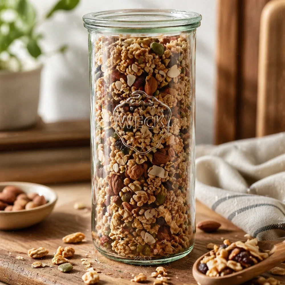 1500ml Krossade glasögon med glaslock WECK RR100 WECK RR100 1500 ml förvaringsburk fylld med nötter, müsli och torkad frukt på ett träbord Förvaringsburk för kök