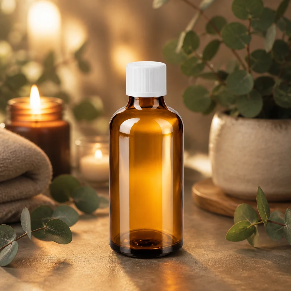 Apoteksflaska brun 50ml dropplock vit barnsäker standard Brun apotekarflaska på 50 ml med vit droppkork framför ljus och eukalyptusväxter