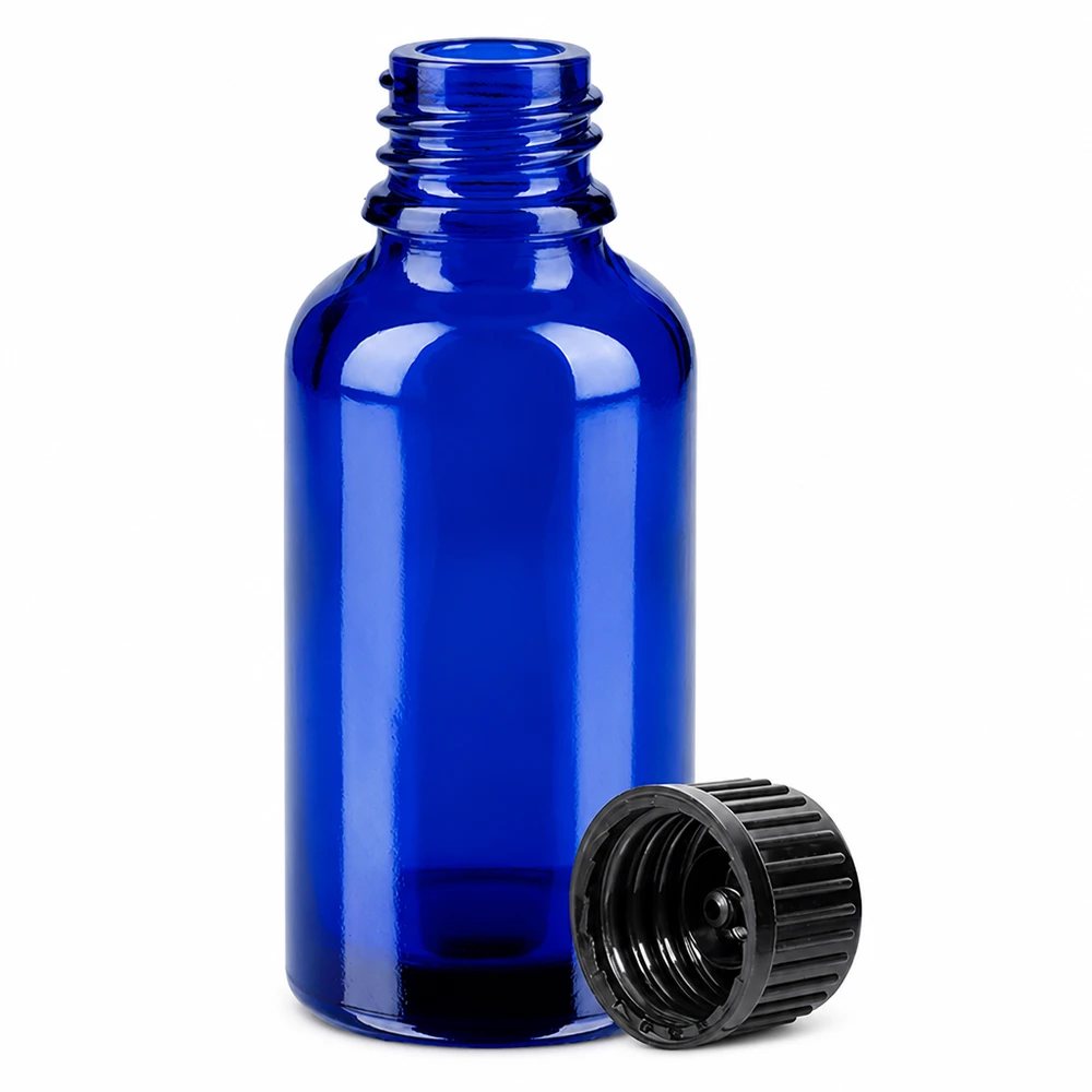 Liten 30 ml glasflaska i koboltblått med räfflat svart lock för exakt dosering