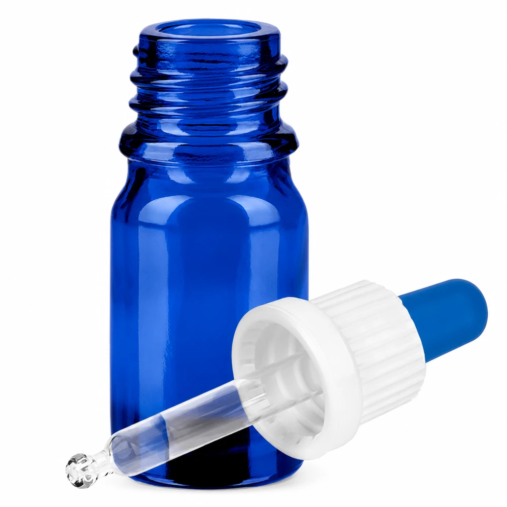 5ml Pipettflaska vit/blå med manipuleringssäkert lock BlueLine UT18/5 Blå glasflaska 5 ml med pipett och vitt dropplock för exakt dosering