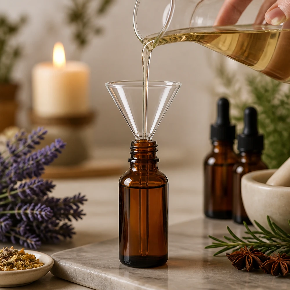 Precisionstratt i glas 100 mm med kort skaft för farmaceutiska och aromaterapeutiska tillämpningar