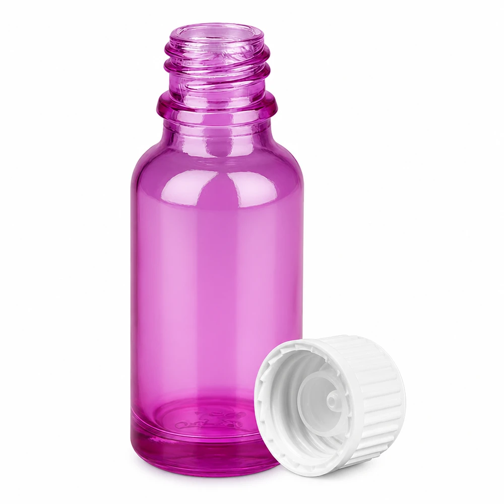 20ml (globule) flaska 3mm hällring vit standard PurpleLine.UT18/20 Liten 20 ml droppflaska i transparent lila glas med praktiskt skruvlock