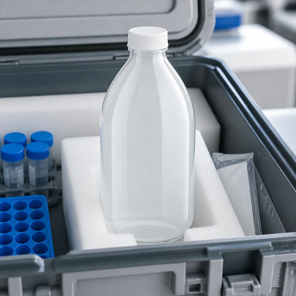 500 ml laboratorieflaska med smal hals utan lock i transportlåda med skumgummikudde