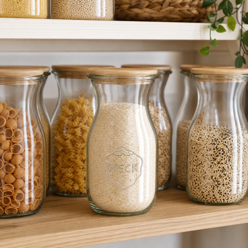 290ml saftflaska Edition RR60 med trälock WECK Saftflasche 290ml mit Holzdeckel als Vorratsjar für Reis in skandinavischer Pantry mit Getreidegläsern