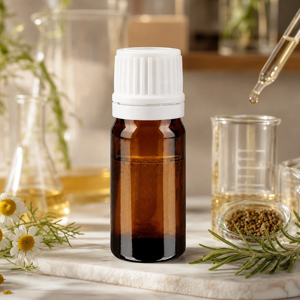 Brun glasflaska på 5 ml med vitt säkerhetslock, omgiven av kamomillblommor och rosmarin
