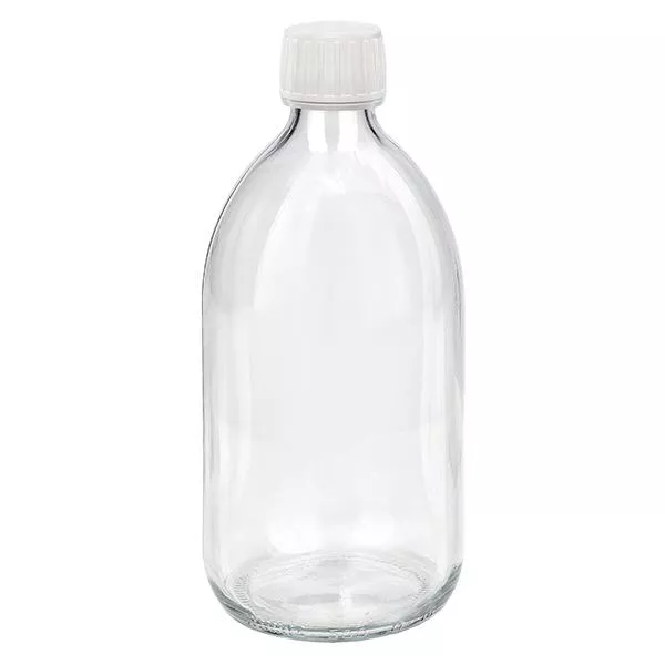 500 ml medicinflaska klar, vitt lock med säkerhetsring ApoGlas 500 ml medicinflaska klar, vitt lock med säkerhetsring ApoGlas