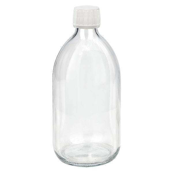 500 ml medicinflaska klar, vitt lock med säkerhetsring ApoGlas 500 ml medicinflaska klar, vitt lock med säkerhetsring ApoGlas