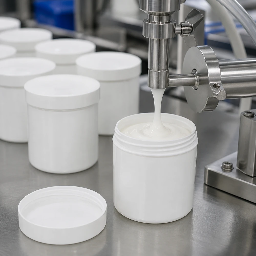 Automatisk fyllning av vita salvorburkar (1000 g, PP-plast) inom läkemedelsproduktionen