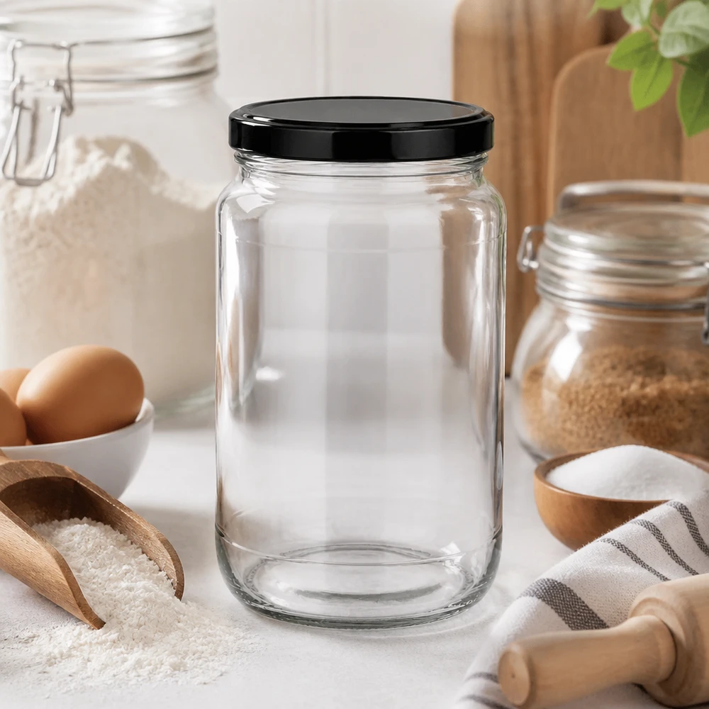 1700ml rund burk med BasicSeal-lock svart UNiTWIST 1700ml rund burk tom i modernt kök visar elegant design för mångsidig förvaring och dekoration