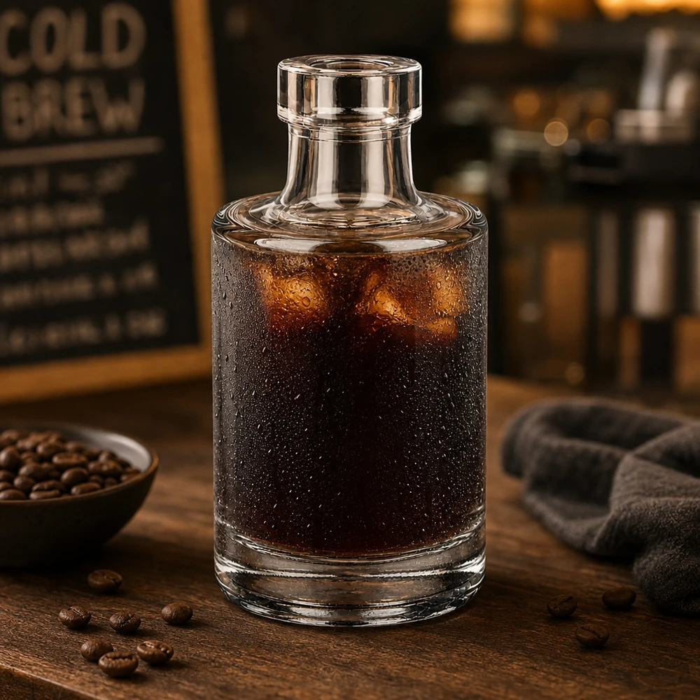 100 ml glasflaska Marie utan lock UNiTWIST® 100ml Glasflasche Marie mit Cold Brew Kaffee gefüllt neben Kaffeebohnen in gemütlicher Café-Atmosphäre