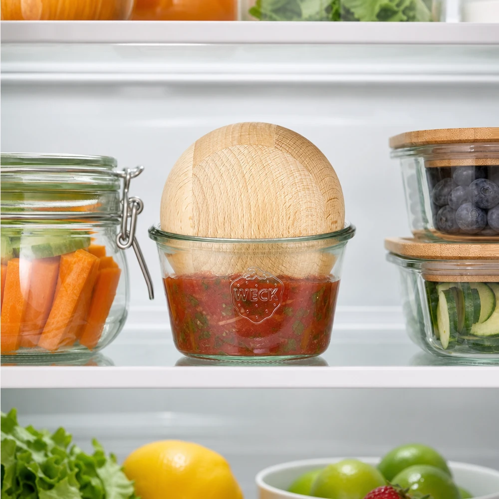 370ml WECK RR100 Krossade glasögon med träkula i bok WECK RR100 Förvaringsburk för kylskåp 370ml Salsa Dip Bokboll bredvid grönsaker färska ingredienser