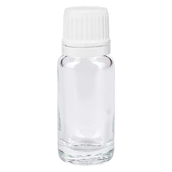 Apoteksflaska klar 10 ml droppflaska 1,2 mm vit säkerhetsförslutning Apoteksflaska klar 10 ml droppflaska 1,2 mm vit säkerhetsförslutning