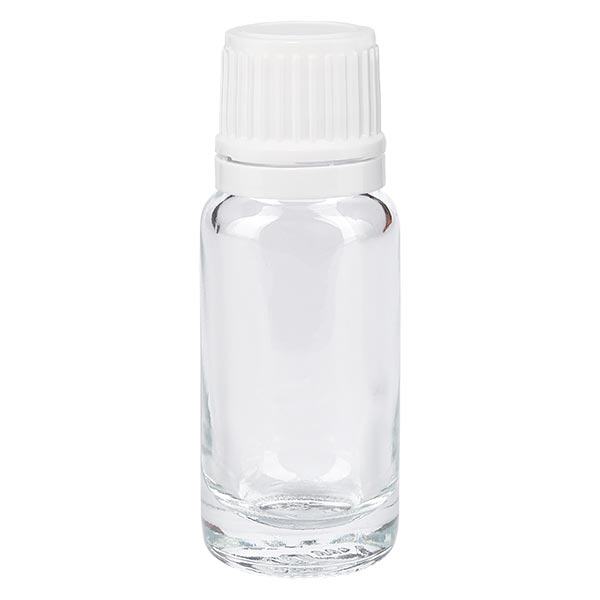 Apoteksflaska klar 10 ml droppflaska 1,2 mm vit säkerhetsförslutning Apoteksflaska klar 10 ml droppflaska 1,2 mm vit säkerhetsförslutning