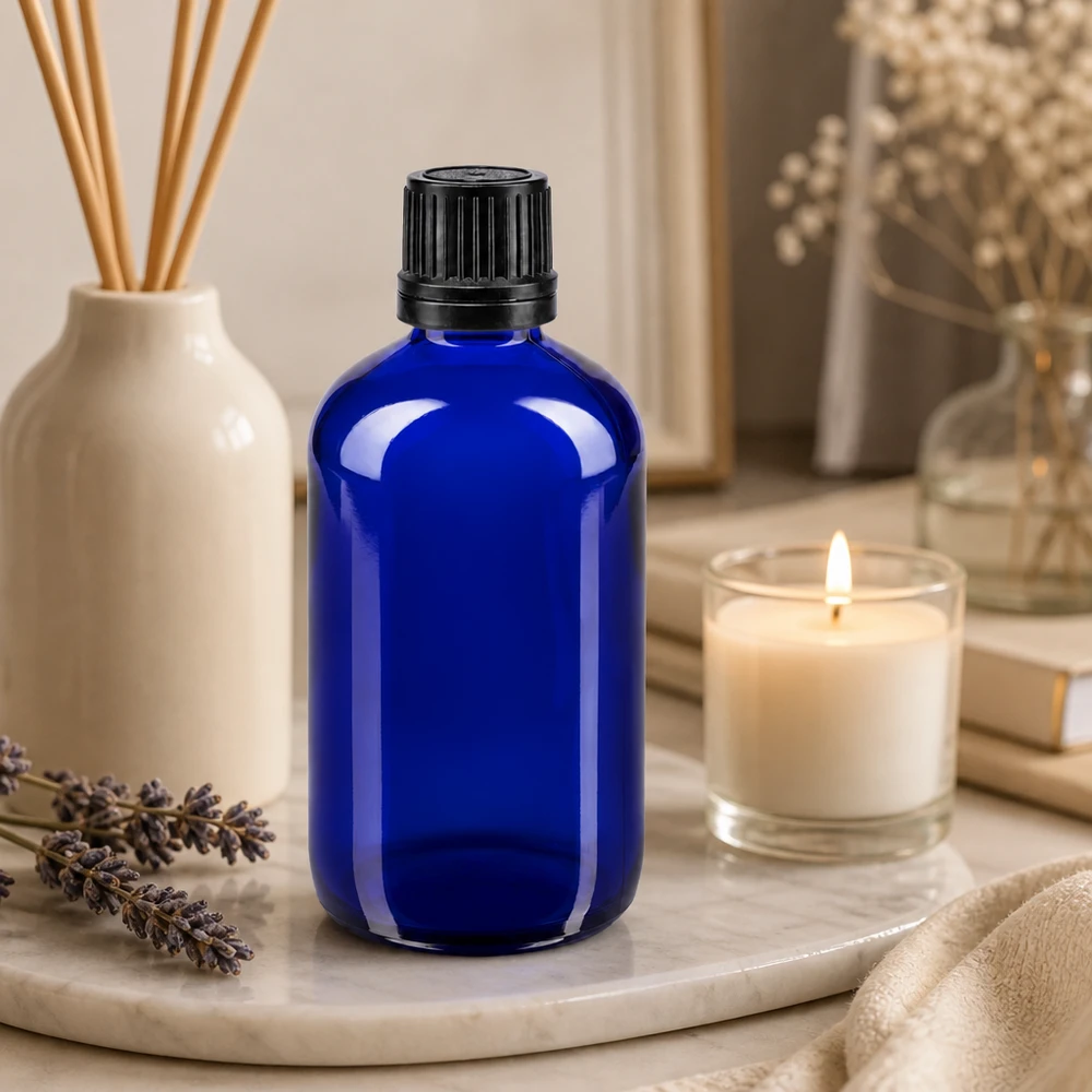 Apoteksflaska blå 100ml skruvkork svart hällring manipulationsskyddad förslutning 100 ml blå glasflaska med svart droppkork på ett marmorfat med lavendel och ett ljus