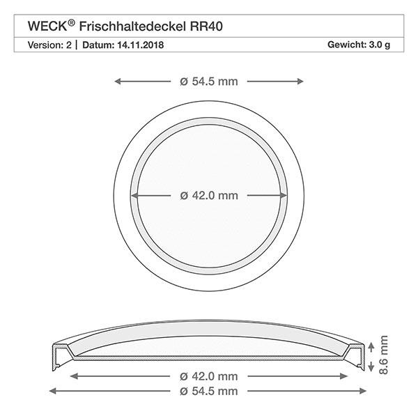 WECK lock för färskhållning RR40 Teknisk ritning WECK RR40 färskhållningslock med måtten 54,5 mm ytterdiameter och 42,0 mm innerdiameter