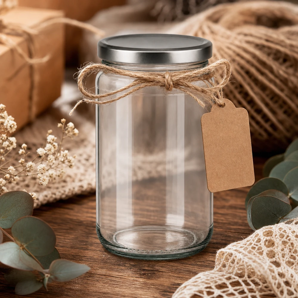 Rund burk 305 ml med lock BasicSeal silver UNiTWIST 305 ml rund burk med BasicSeal-lock i silver dekorerad med jutesnöre och etikett i kraftpapper på ett rustikt träbord